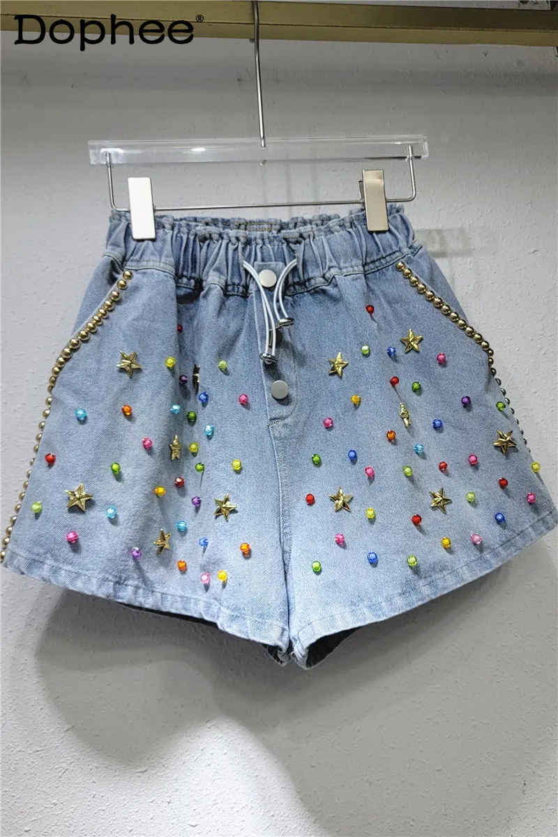 Джинсовые шорты ручной работы с разноцветными бисерными звездами, с высокой талией, для похудения, широкие джинсовые шорты, женские свободные повседневные короткие джинсы, Летние шорты, верхняя одежда . ' - ' . 0