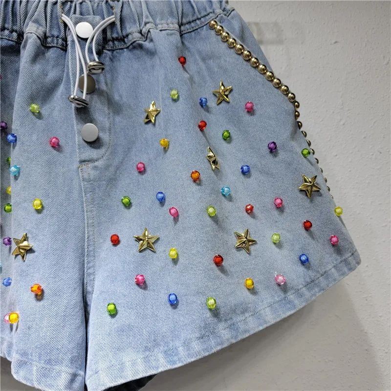 Джинсовые шорты ручной работы с разноцветными бисерными звездами, с высокой талией, для похудения, широкие джинсовые шорты, женские свободные повседневные короткие джинсы, Летние шорты, верхняя одежда . ' - ' . 3