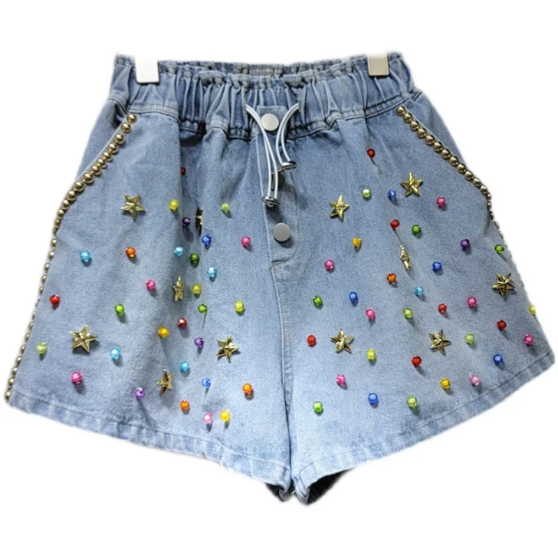 Джинсовые шорты ручной работы с разноцветными бисерными звездами, с высокой талией, для похудения, широкие джинсовые шорты, женские свободные повседневные короткие джинсы, Летние шорты, верхняя одежда . ' - ' . 5