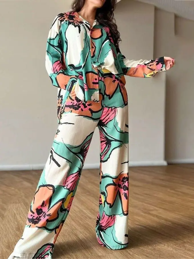 Новый модный комплект из двух предметов Популярная женская одежда большого размера, тонкая, легкая, в стиле зрелого искусства, широкие брюки с высокой талией, рубашка с принтом . ' - ' . 0