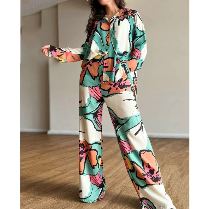 Новый модный комплект из двух предметов Популярная женская одежда большого размера, тонкая, легкая, в стиле зрелого искусства, широкие брюки с высокой талией, рубашка с принтом . ' - ' . 4