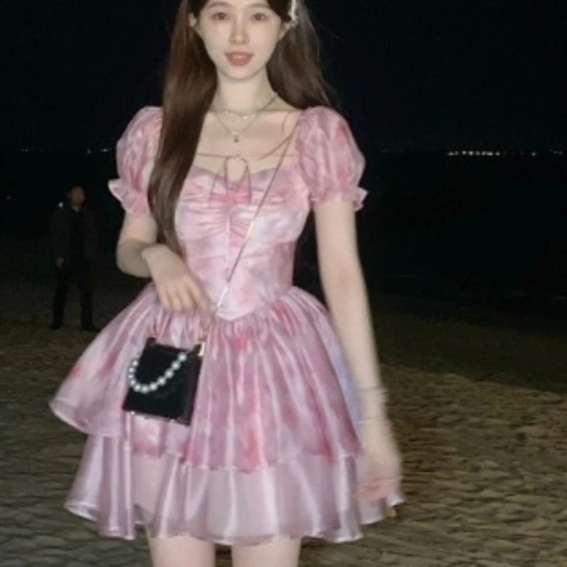 Милое платье с цветочным рисунком Kawaii, пушистое платье принцессы с пузырчатыми рукавами, летнее короткое платье феи с поясом для девочек, женская одежда Y2k . ' - ' . 0