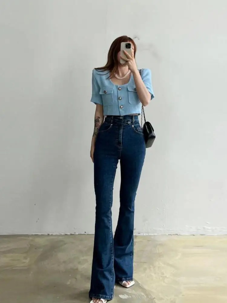 2023 Новые винтажные синие джинсы с двойной пуговицей на талии, женские универсальные тонкие джинсовые расклешенные длинные брюки, модная уличная одежда, простые . ' - ' . 0