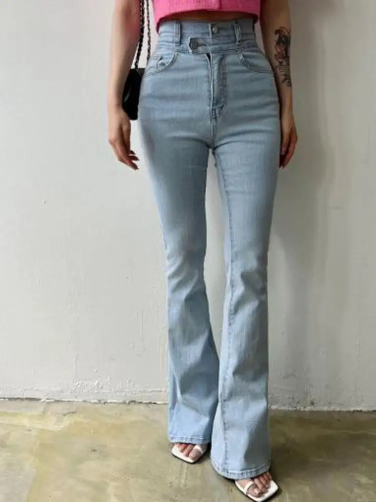 2023 Новые винтажные синие джинсы с двойной пуговицей на талии, женские универсальные тонкие джинсовые расклешенные длинные брюки, модная уличная одежда, простые . ' - ' . 1