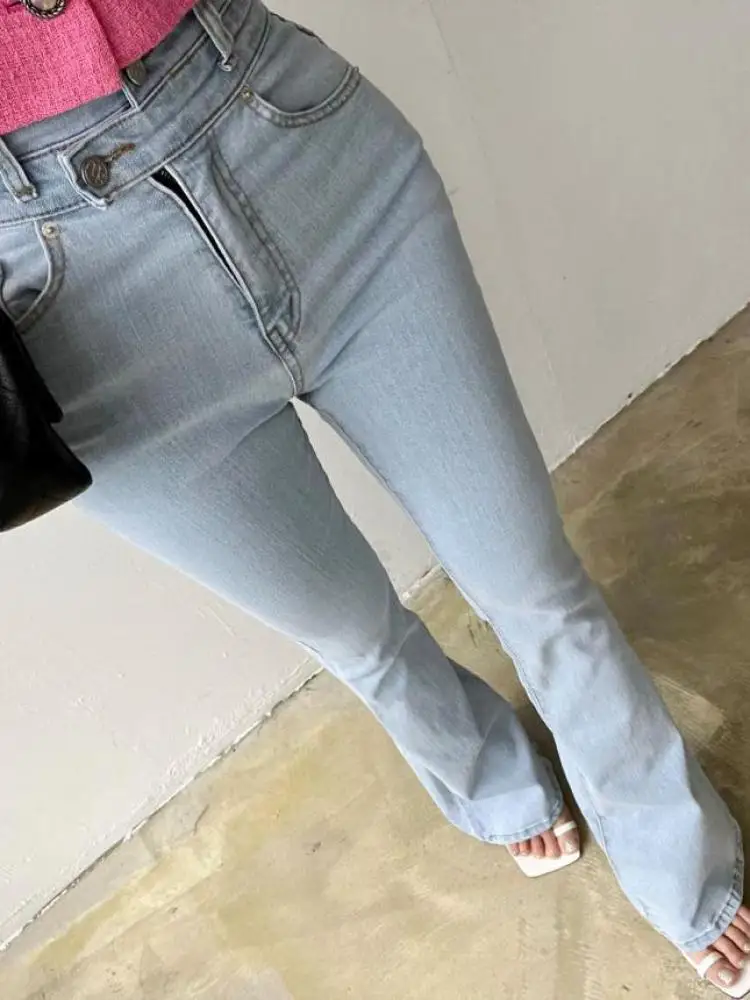 2023 Новые винтажные синие джинсы с двойной пуговицей на талии, женские универсальные тонкие джинсовые расклешенные длинные брюки, модная уличная одежда, простые . ' - ' . 3