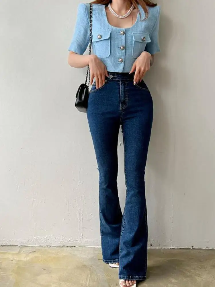 2023 Новые винтажные синие джинсы с двойной пуговицей на талии, женские универсальные тонкие джинсовые расклешенные длинные брюки, модная уличная одежда, простые . ' - ' . 4