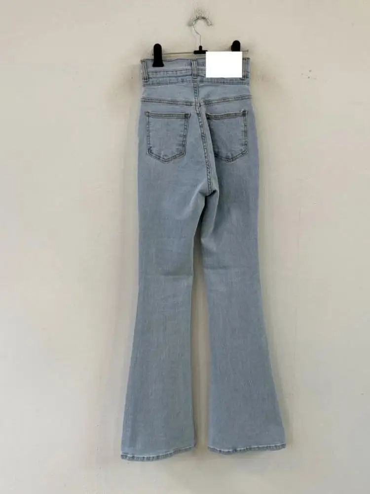 2023 Новые винтажные синие джинсы с двойной пуговицей на талии, женские универсальные тонкие джинсовые расклешенные длинные брюки, модная уличная одежда, простые . ' - ' . 5