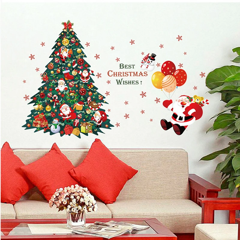 Наклейки на стены с рождественской елкой, Санта-Клаусом, Рождественские украшения, Новогодние наклейки на стеклянные окна, наклейки для домашнего декора, художественные наклейки, обои . ' - ' . 0