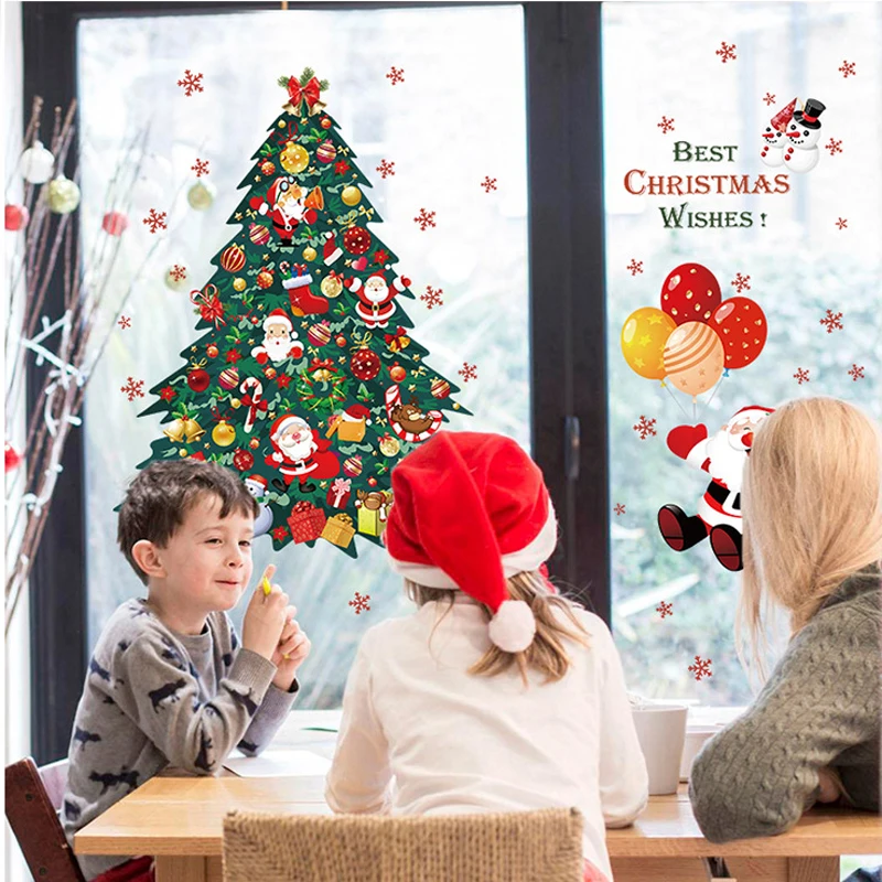 Наклейки на стены с рождественской елкой, Санта-Клаусом, Рождественские украшения, Новогодние наклейки на стеклянные окна, наклейки для домашнего декора, художественные наклейки, обои . ' - ' . 4