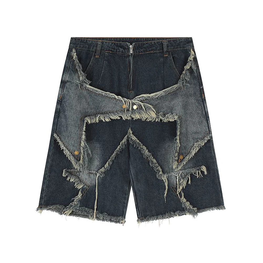 Джинсовые шорты с нишевым дизайном, винтажные короткие брюки Y2K, мужская одежда в стиле хип-хоп, уничтоженная Рваная звезда, повседневные джинсовые шорты в стиле ретро, летние . ' - ' . 0