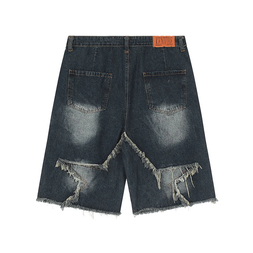 Джинсовые шорты с нишевым дизайном, винтажные короткие брюки Y2K, мужская одежда в стиле хип-хоп, уничтоженная Рваная звезда, повседневные джинсовые шорты в стиле ретро, летние . ' - ' . 1