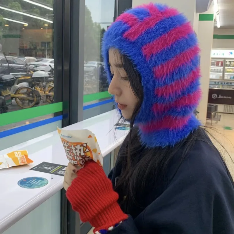 Корейский дизайн, полосатые балаклавы в тон, осенние и зимние шапки, пушистый теплый пуловер, вязаные шапочки, кепки для женщин . ' - ' . 1