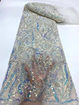 2024 Африканский Нигерийский Высококачественный Тюль Кружевная ткань Вышивка Блестками Французский Гипюр Свадебное платье из бисера 5 ярдов