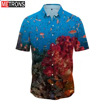 2023 Новая мужская рубашка на пуговицах с рисунком океанского подводного мира, Гавайская рубашка с имитацией шеи, процесс 3D-печати, Летний короткий рукав