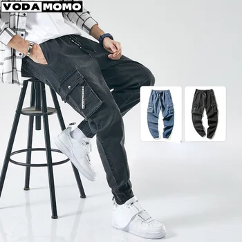 Мужские джинсы, джинсовые брюки-карго с карманами, Лето-весна, свободные мешковатые джинсы, мужские эластичные брюки на шнурке, мужские брюки Y2k 90-х