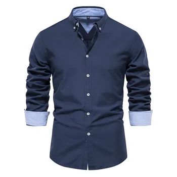 2023 Новая осенняя мужская Оксфордская рубашка с длинным рукавом, Однотонные социальные рубашки, хлопковая блузка с отложным воротником, мужская дизайнерская одежда