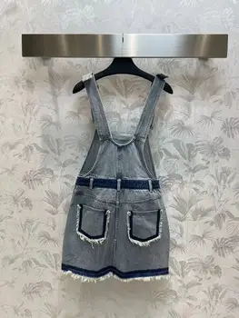 Джинсовая юбка на подтяжках, лето 2023, новый стиль, уменьшающий возраст, модная строчка, универсальное тонкое платье средней длины, женское