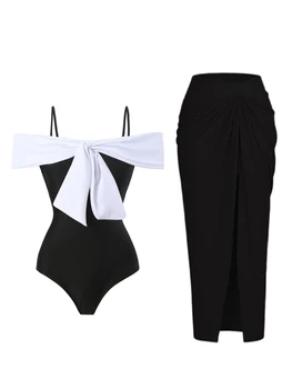 Однотонный винтажный цельный женский купальник 2023 года с шифоновой длинной юбкой, галстуком-бабочкой, бикини с ремешком на высокой талии, сексуальные черные купальники без спинки
