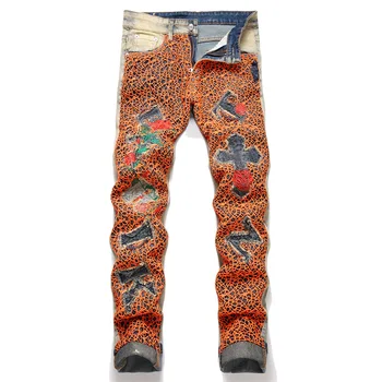 Мужские рваные джинсовые брюки High Street в стиле хип-хоп, джинсовые брюки High Street в стиле панк, низ с индивидуальным дизайном в стиле пэчворк.
