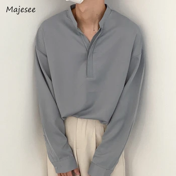 Рубашки Мужские Однотонные Осенние Простые топы в корейском стиле С длинным рукавом, свободный дышащий подол с разрезом сбоку, модный повседневный шик, популярный бизнес