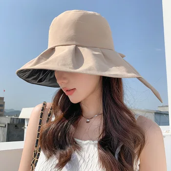 Корейская шляпа, женская однотонная виниловая солнцезащитная шляпа, летняя дорожная складная шляпа от солнца с широкими полями и бантом.