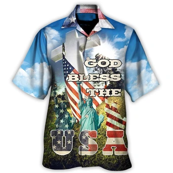 Рубашка с коротким рукавом под американский флаг для мужчин Винтажный Модный воротник Мужская одежда Топ Уличная повседневная мужская рубашка Новая блузка 2023