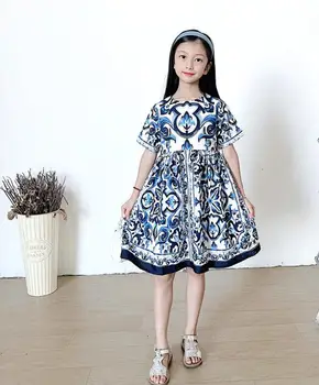Новая детская одежда, милое платье с милым принтом для девочек, красивое платье с коротким рукавом и без рукавов, детское платье