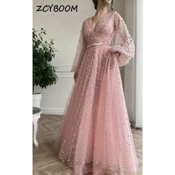 Элегантное розовое вечернее платье с V-образным вырезом и рукавами-фонариками, украшенное жемчугом, 2023, Роскошное вечернее платье из тюля с застежкой-молнией, длиной до пола, с открытой спиной