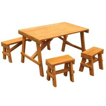 Деревянный стол для пикника на открытом воздухе с тремя скамейками, янтарный Для кемпинга, Набор стульев для отдыха на открытом воздухе