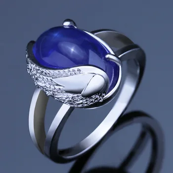 Роскошное Женское кольцо с большим овальным синим камнем серебристого цвета, обручальные кольца для женщин, очаровательное модное круглое обручальное кольцо с пером