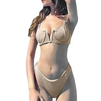Женщин в сплошной цвет сексуальный сталь поддержка груди площадку Сплит купальник