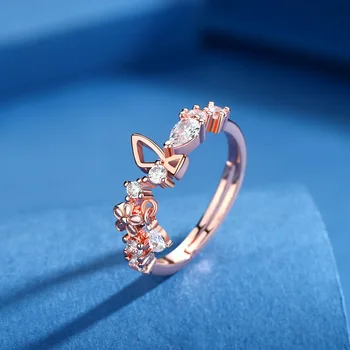 Роскошное женское кольцо Promise Flower с открытым цирконом, очаровательные кольца цвета Розового золота Для женщин, модное регулируемое кольцо с бабочкой из белого камня