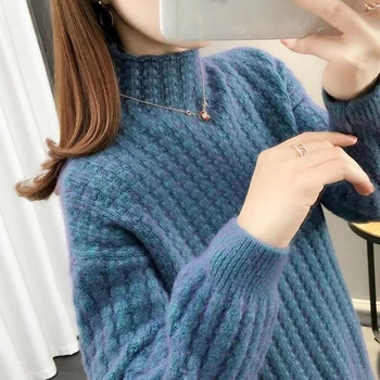 2023 Осенне-зимний Толстый женский вязаный пуловер в рубчик, теплый свободный свитер с длинным рукавом и наполовину высоким воротом