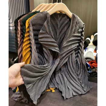 Чувство ниши в дизайне, Однотонная короткая куртка Miyake, женская осенняя новинка, Универсальный плиссированный кардиган, блузка большого размера
