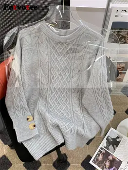 Однотонный свитер на пуговицах для женщин 2023, новая мода, осенне-зимний пуловер с круглым вырезом и длинным рукавом, шикарные повседневные свободные джемперы