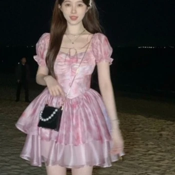 Милое платье с цветочным рисунком Kawaii, пушистое платье принцессы с пузырчатыми рукавами, летнее короткое платье феи с поясом для девочек, женская одежда Y2k