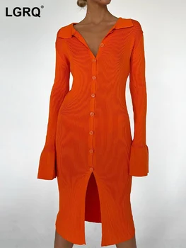 LGRQ Модное элегантное однотонное свободное платье с отворотом, с длинным рукавом, Высококачественные повседневные платья, Женские 2023 Осень 11P0253