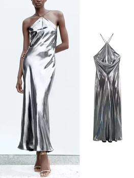 Женское платье-комбинация с блестками TRAF, длинные платья с открытыми плечами для женщин, лето 2023, сексуальное платье с открытой спиной, женские вечерние платья
