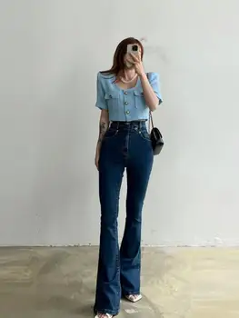 2023 Новые винтажные синие джинсы с двойной пуговицей на талии, женские универсальные тонкие джинсовые расклешенные длинные брюки, модная уличная одежда, простые