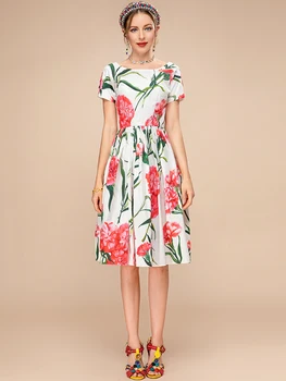 Изготовлено на заказ, плюс размер, Новое модное Летнее платье для подиума, женское элегантное платье миди с круглым вырезом и коротким рукавом с цветочным принтом