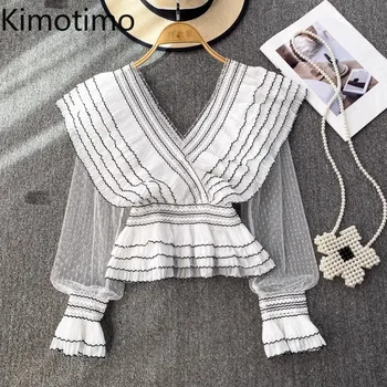 Женская блузка Kimotimo с французским плиссированным Шифоновым краем и сетчатой подкладкой, Короткие топы 2023, Летние Рубашки с длинным рукавом и V-образным вырезом на талии