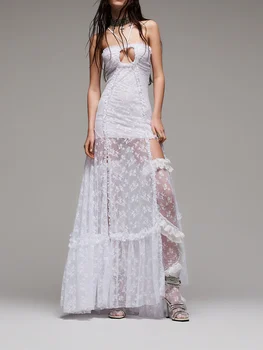 Женское кружевное платье-комбинация с цветочным рисунком, без рукавов, с завязками, с открытой спиной, с разрезом в стиле пэчворк, Длинные платья, Коктейльное платье для летней вечеринки Fairycore