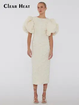 Элегантное однотонное платье с пышными рукавами в американском стиле, Женские повседневные облегающие платья миди с круглым вырезом, модное темпераментное платье с коротким рукавом