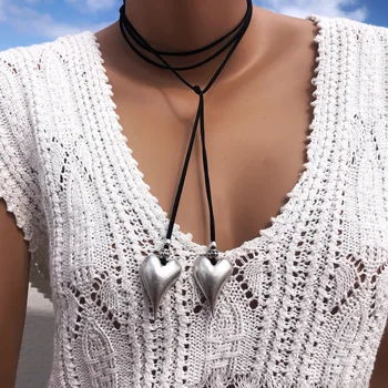 длинное женское кожаное ожерелье в стиле бохо, ожерелье в богемном стиле, ожерелье с подвеской в виде сердца