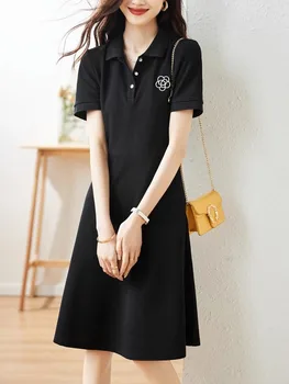 Женское летнее короткое платье-футболка с вышивкой, приталенный спортивный сарафан А-силуэта большого размера, черный 2023