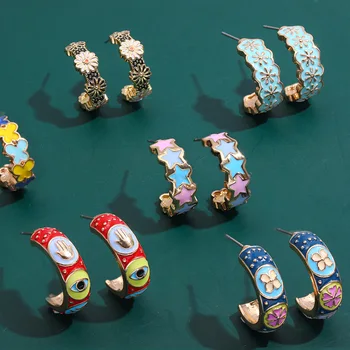 Винтажные серьги-кольца с эмалевым цветком, женские модные Геометрические круги, Многоцветные обручи с каплями масла, модные украшения