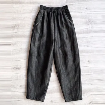 Новое поступление, Женские свободные брюки длиной до щиколоток с эластичной резинкой на талии, с двойным карманом, Винтажные Черные Однотонные шаровары C963