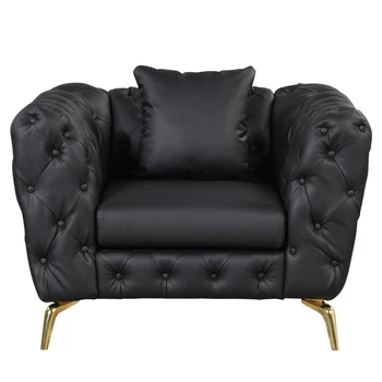Черный 44-дюймовый современный диван-кушетка с искусственной обивкой, диван с прочными металлическими ножками, спинка с хохолком на пуговицах, односпальный диван-кресло для гостиной