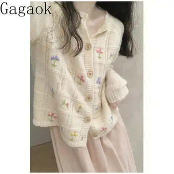 Свитера Gagaok, осенний японский винтажный ленивый свитер, женский дизайн, аромат, вышитый цветок, вязаный кардиган, пальто