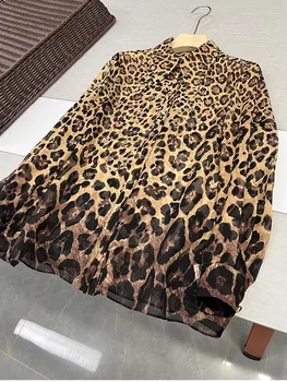 Новая женская модная Тонкая блузка с длинным рукавом из натурального шелка с леопардовым принтом, Элегантная универсальная однобортная верхняя рубашка, блузки